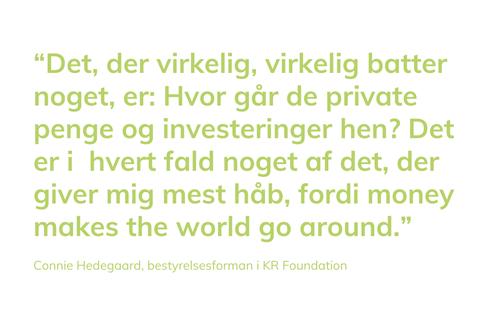 Det, der virkelig, virkelig batter noget, er: hvor går de private penge og investeringer hen? Det er i hvert fald noget af det, der giver mig mest håb, fordi money makes the world go round. Connie Hedegaard.